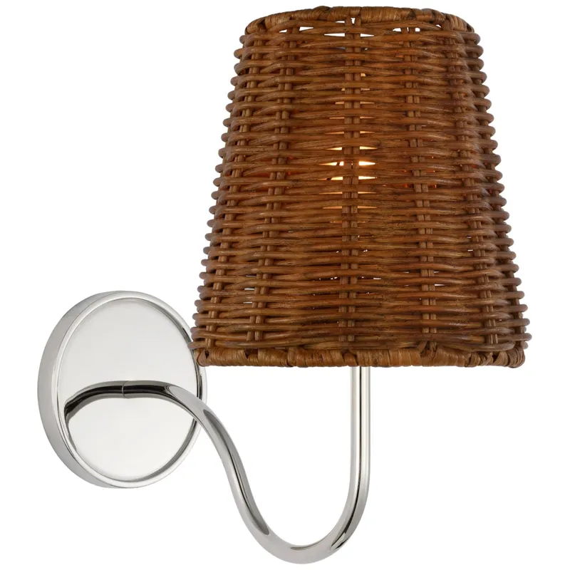 Amber Lewis Lyndsie Small Sconce in Polished Nickel with Dark Wicker Shade Wall Light W6" x H10.75"