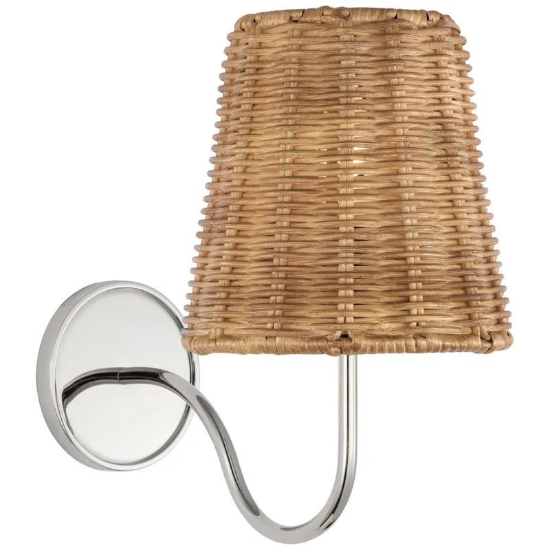 Amber Lewis Lyndsie Small Sconce in Polished Nickel with Natural Wicker Shade Wall Light W6" x H10.75"