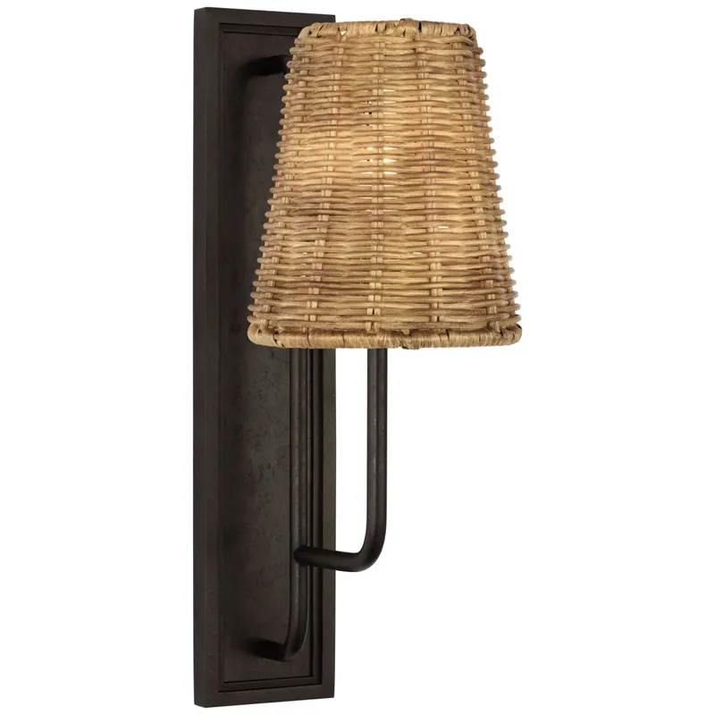 Amber Lewis Rui Sconce in Aged Iron with Natural Wicker Shade Wall Light W5" x H14"