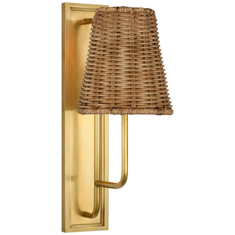 Amber Lewis Rui Sconce in Hand-Rubbed Antique Brass with Natural Wicker Shade Wall Light W5" x H14"