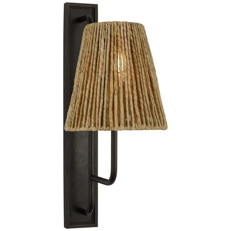 Amber Lewis Rui Tall Sconce in Aged Iron with Natural Abaca Shade Wall Light W8" x H20"