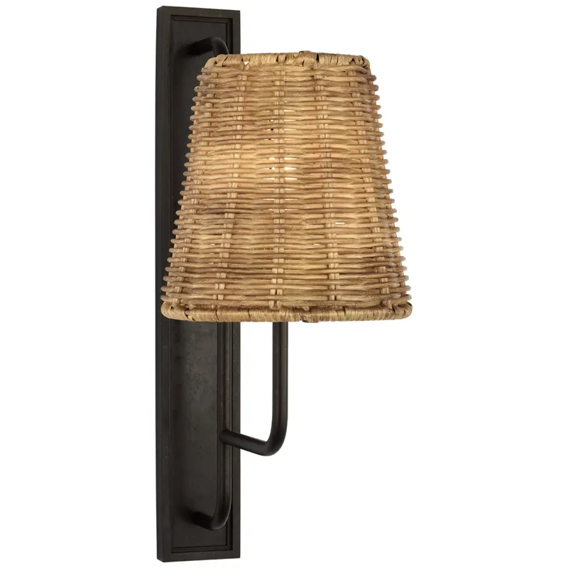 Amber Lewis Rui Tall Sconce in Aged Iron with Natural Wicker Shade Wall Light W8" x H20"