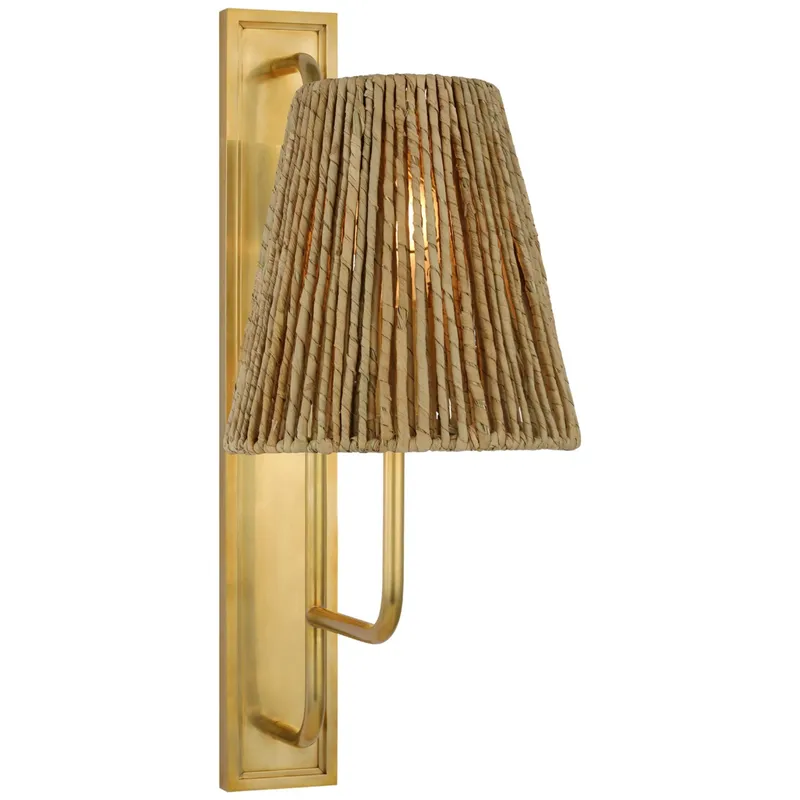 Amber Lewis Rui Tall Sconce in Hand-Rubbed Antique Brass with Natural Abaca Shade Wall Light W8" x H20"