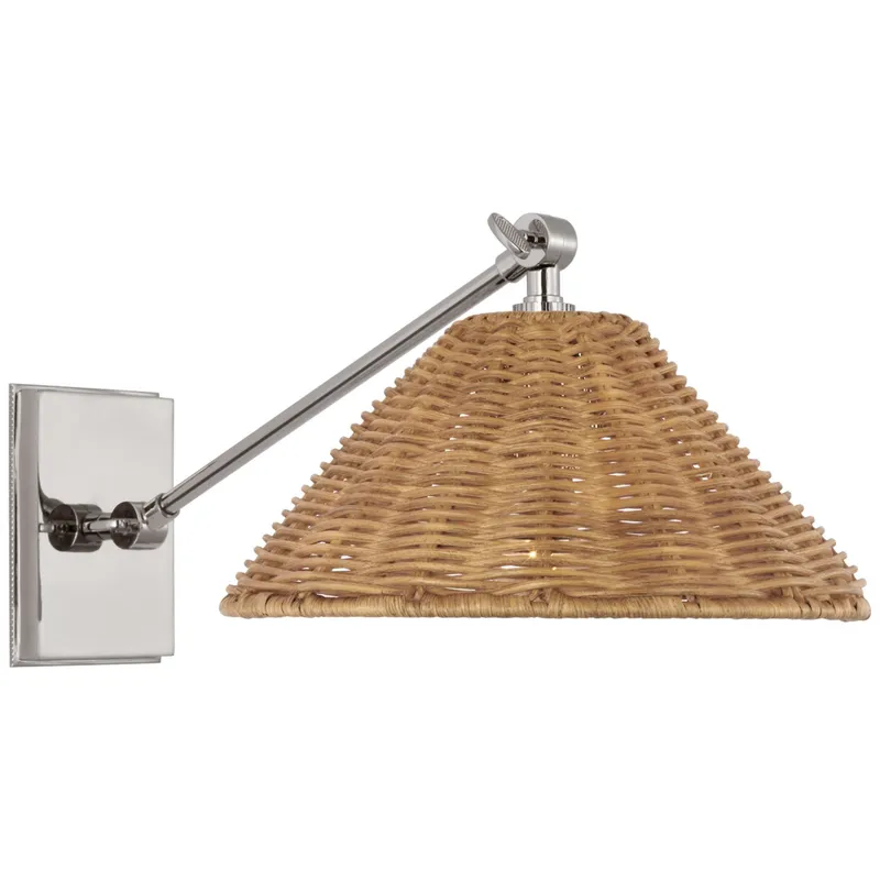 Marie Flanigan Wimberley Single Library Wall Light in Polished Nickel with Natural Wicker Shade W10" x H8.25" - 8.5"