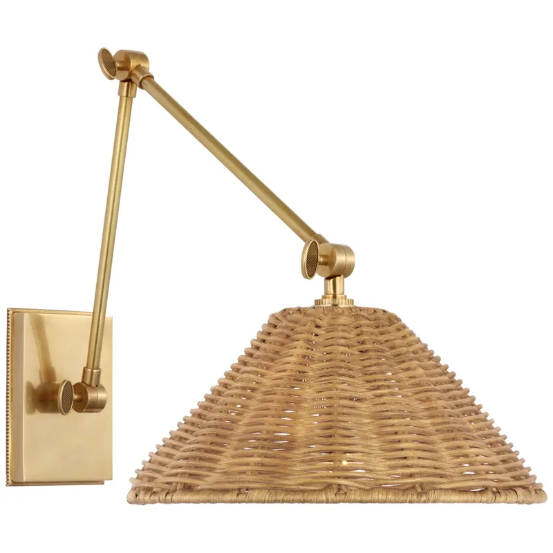 Marie Flanigan Wimberley Double Library Wall Light in Soft Brass with Natural Wicker Shade W10" x H11.5" - 12.25"