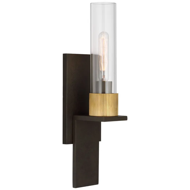 Ray Booth Beza Small Bath Sconce in Warm Iron and Antique Brass with Clear Glass Wall Light W3.75" x H14.5"