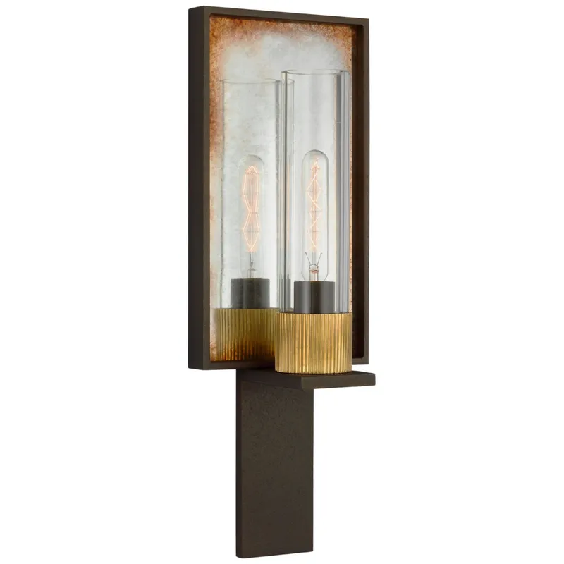 Ray Booth Beza Single Reflector Sconce in Warm Iron and Antique Mirror with Clear Glass Wall Light W5.75" x H16.25"