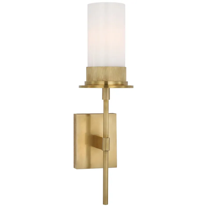 Ray Booth Beza Medium Tail Sconce in Antique Brass with White Glass Wall Light W5.25" x H19.75"