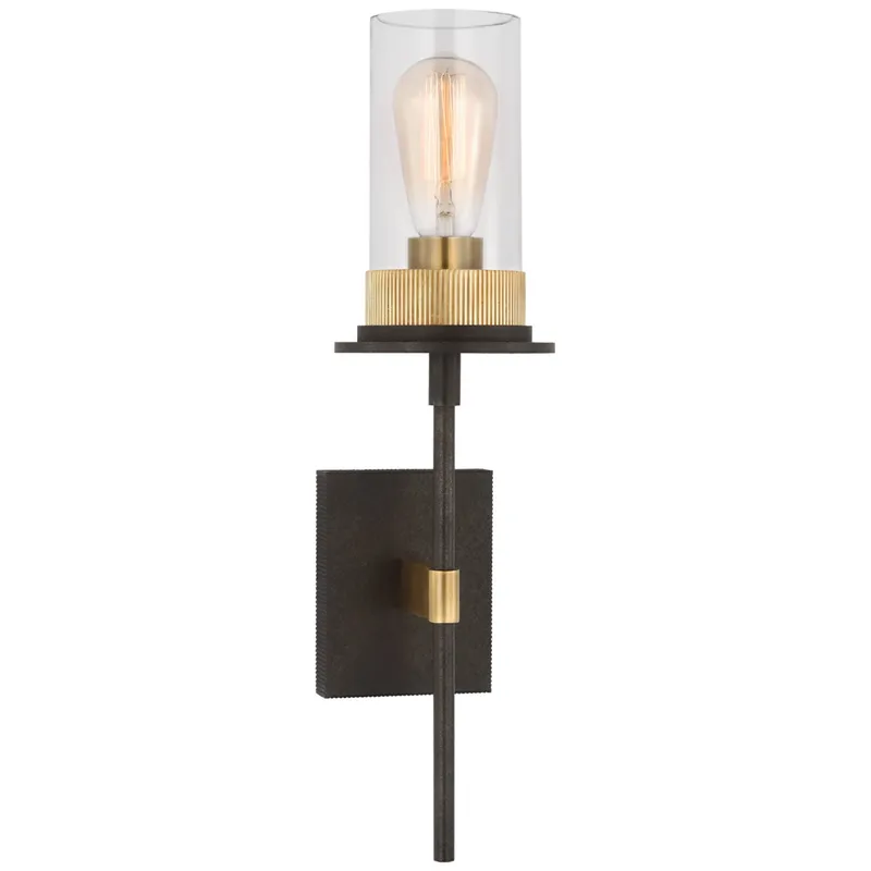 Ray Booth Beza Medium Tail Sconce in Warm Iron and Antique Brass with Clear Glass Wall Light W5.25" x H19.75"