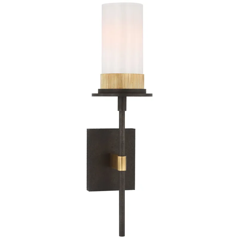 Ray Booth Beza Medium Tail Sconce in Warm Iron and Antique Brass with White Glass Wall Light W5.25" x H19.75"