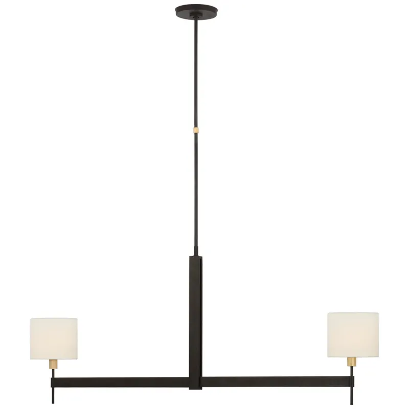 Ray Booth Brontes Large Linear Chandelier in Warm Iron and Antique Brass with Linen Shades Ceiling Light W7" x 54"