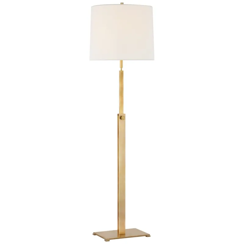Ray Booth Cadmus Medium Adjustable Floor Lamp in Antique Brass with Linen Shade W16" x H49.25" - 67"