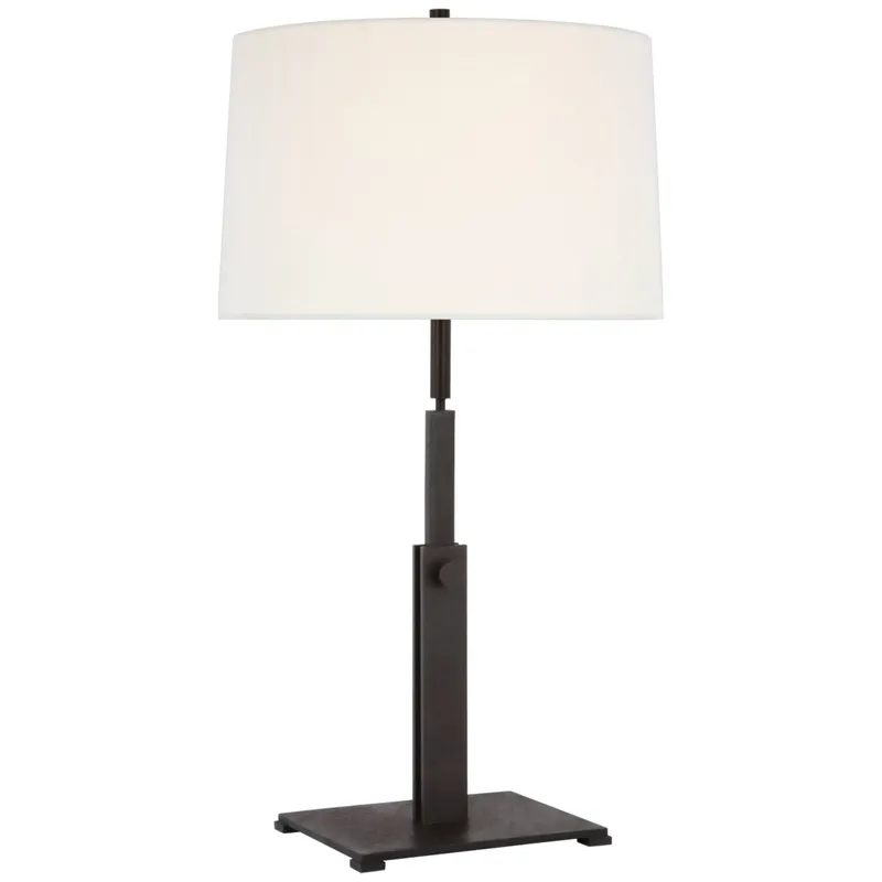 Ray Booth Cadmus Large Adjustable Table Lamp in Warm Iron with Linen Shade W16" x H26.5" - 32.25"