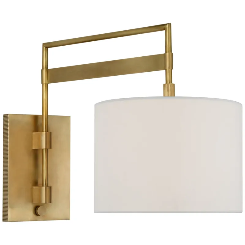 Ray Booth Gael Medium Articulating Wall Light in Antique Brass with Linen Shade W11" x H15"