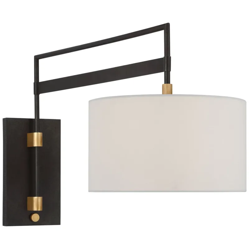 Ray Booth Gael Large Articulating Wall Light in Warm Iron and Antique Brass with Linen Shade W14" x H17.5"