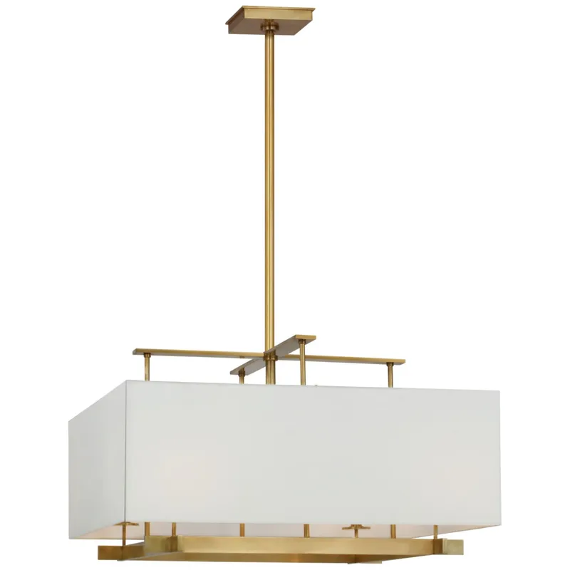 Ray Booth Jase Extra Large Hanging Shade in Antique Brass with Linen Shade Ceiling Light W34.5"
