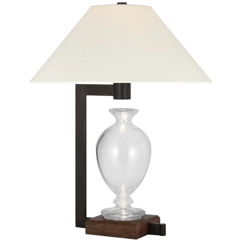 Ray Booth Phial Large Display Form Table Lamp in Clear Glass and Warm Iron and Dark Walnut with Linen Shade W17.5" x H23.25"