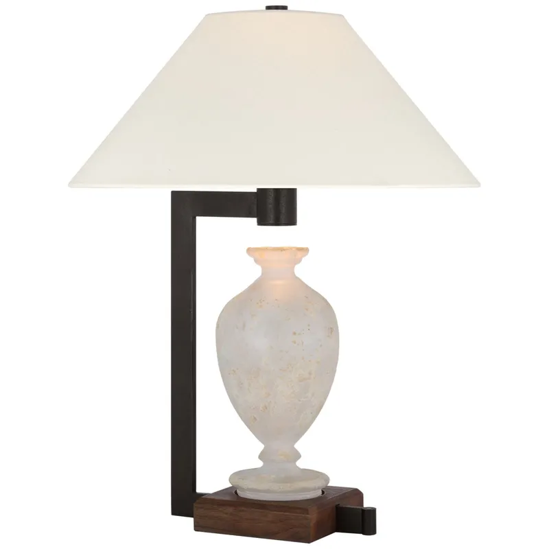 Ray Booth Phial Large Display Form Table Lamp in Etruscan Glass and Warm Iron and Dark Walnut with Linen Shade W17.5" x H23.25"