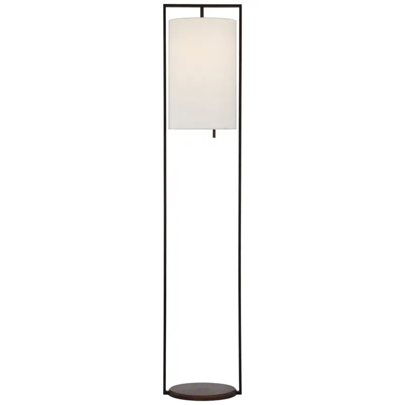 Ray Booth Zenz Medium Floor Lamp in Warm Iron and Dark Walnut with Linen Shade W11.5" x H58"