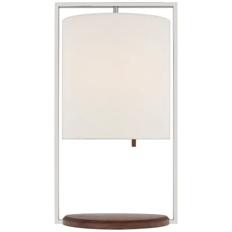 Ray Booth Zenz Medium Table Lamp in Polished Nickel and Walnut with Linen Shade W11.5" x H21"