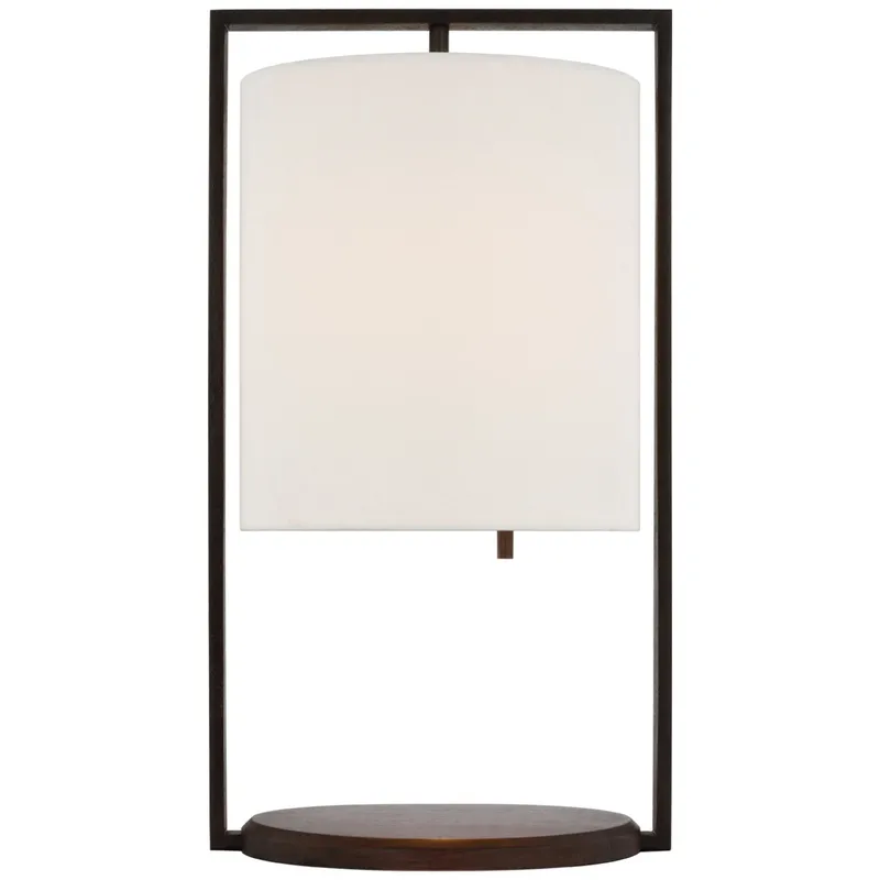 Ray Booth Zenz Medium Table Lamp in Warm Iron and Dark Walnut with Linen Shade W11.5" x H21"