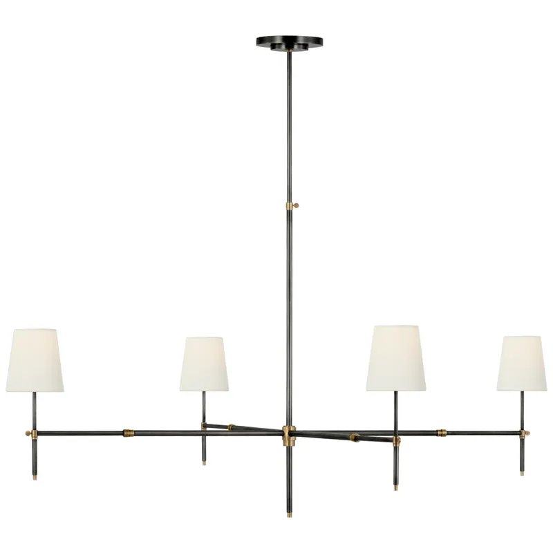 Thomas O'Brien Bryant Grande Chandelier in Bronze and Hand-Rubbed Antique Brass with Linen Shades Ceiling Light W60"