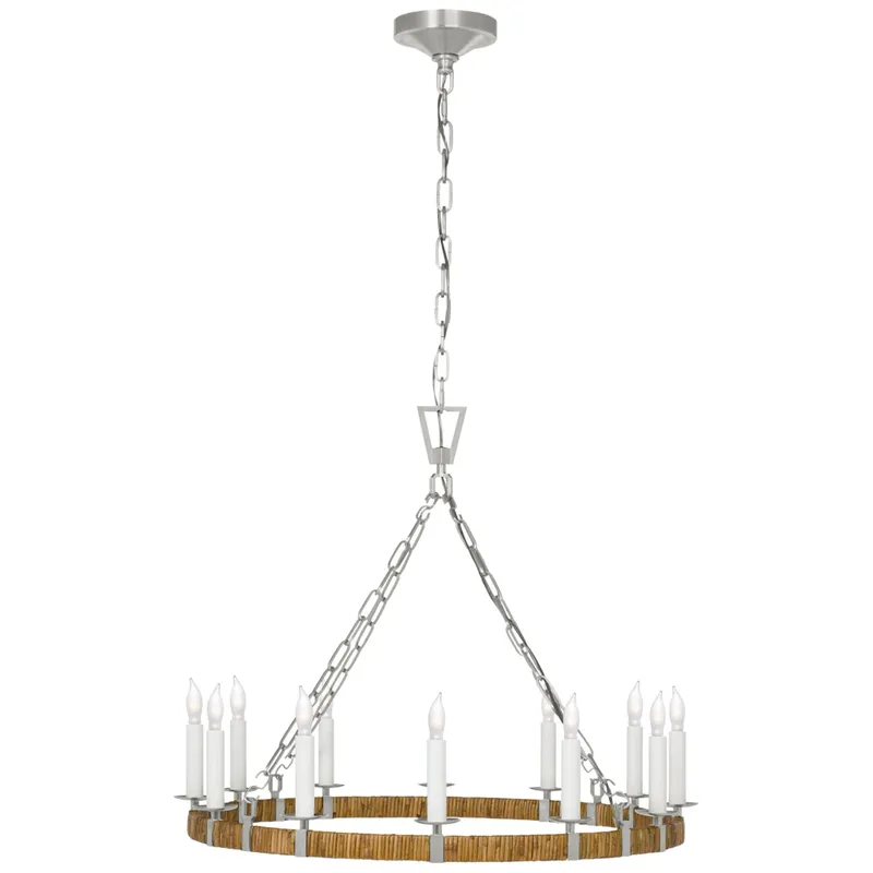 Chapman & Myers Darlana Medium Wrapped Ring Chandelier in Polished Nickel and Natural Rattan Ceiling Light W30" x H24.5"