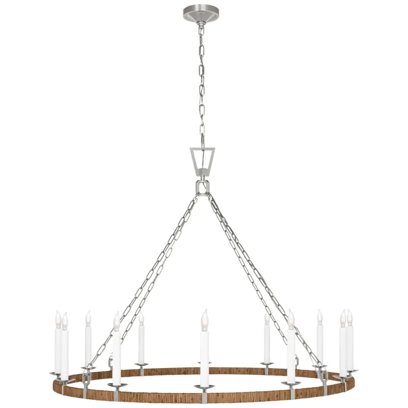 Chapman & Myers Darlana XL Wrapped Ring Chandelier in Polished Nickel and Natural Rattan Ceiling Light W50" x H38.75"