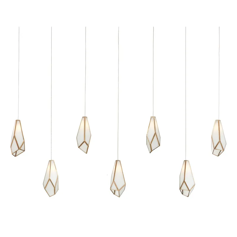 Glace White 7-Light Rectangular Multi-Drop Pendant - White/Antique Brass/Silver