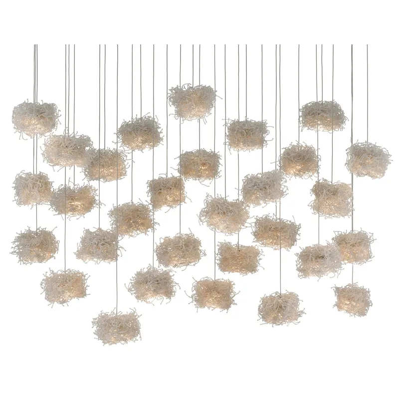 Birds Nest 30-Light Rectangular Multi-Drop Pendant - Painted Silver/Clear