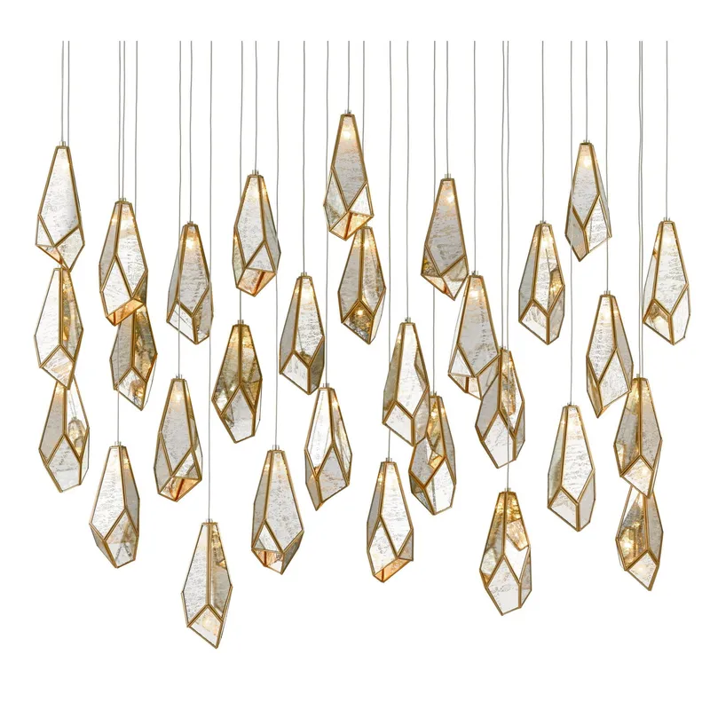 Glace Mirror 30-Light Rectangular Multi-Drop Pendant - Painted Silver/Antique Brass