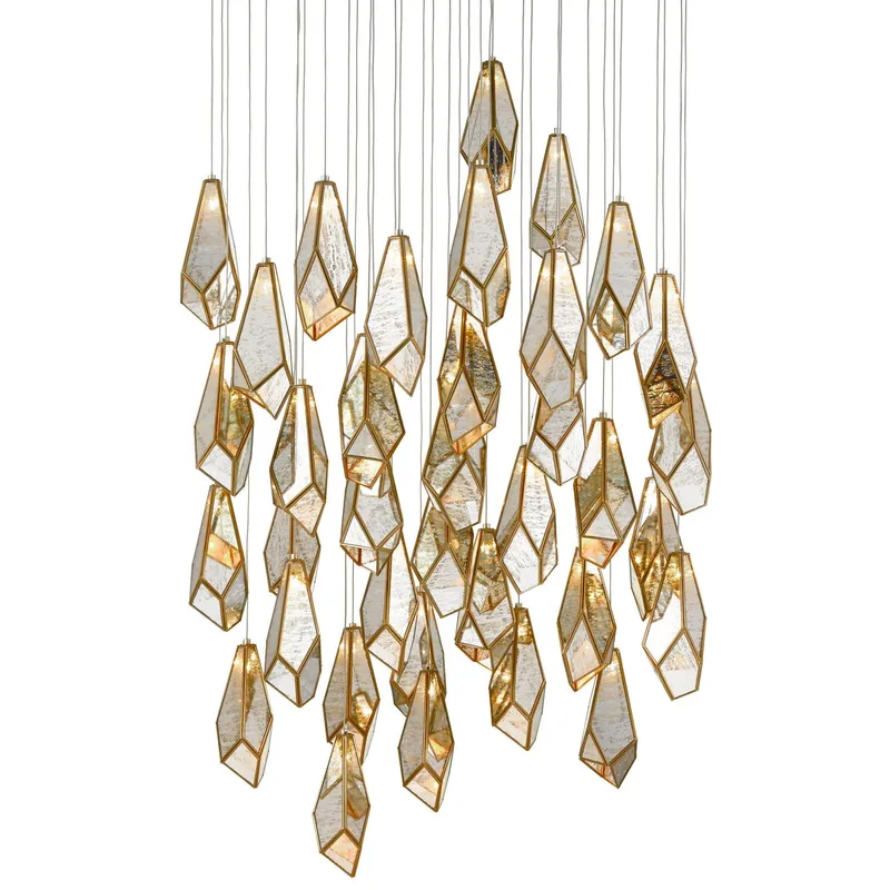 Glace Mirror 36-Light Round Multi-Drop Pendant - Painted Silver/Antique Brass