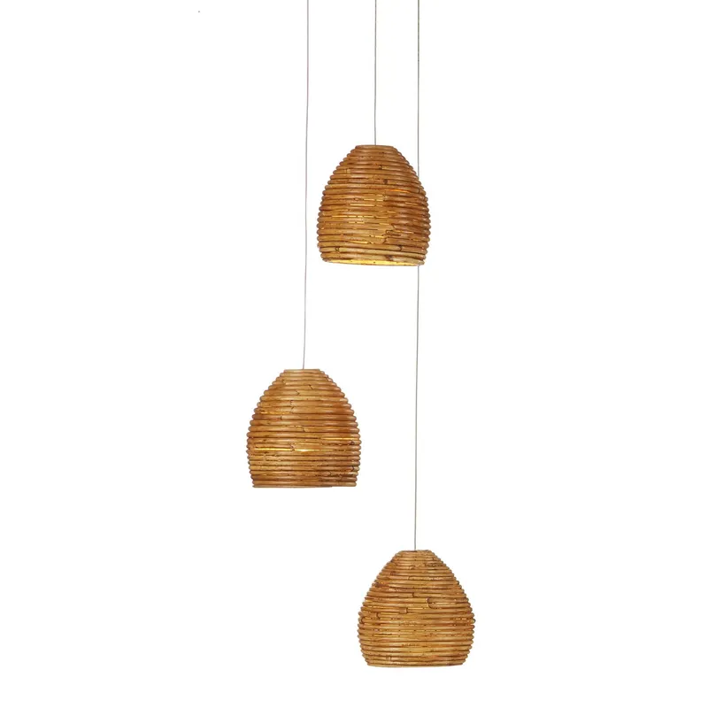 Beehive 3-Light Round Multi-Drop Pendant - Natural Rattan/Silver