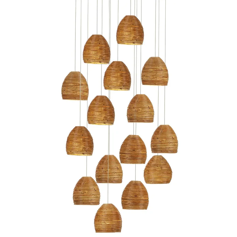 Beehive 15-Light Round Multi-Drop Pendant - Natural Rattan/Silver
