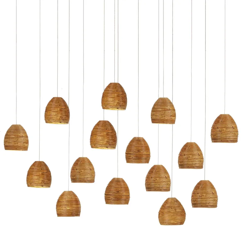 Beehive 15-Light Rectangular Multi-Drop Pendant - Natural Rattan/Silver