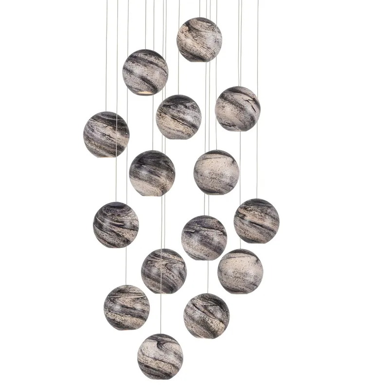 Palatino 15-Light Round Multi-Drop Pendant - Blue Marbeled/Silver