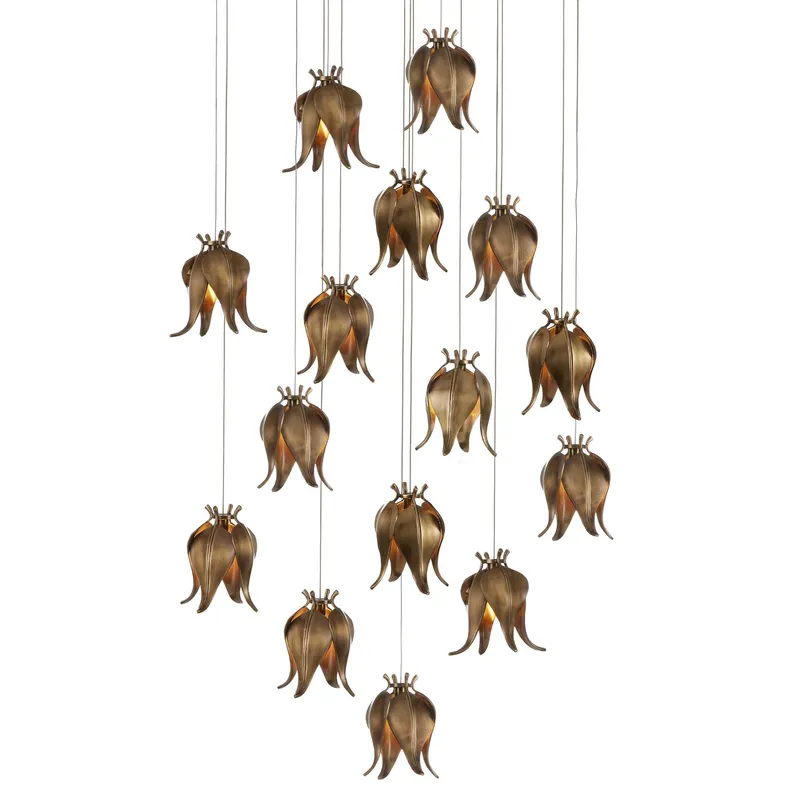 Iota 15-Light Round Multi-Drop Pendant - Antique Brass/Silver