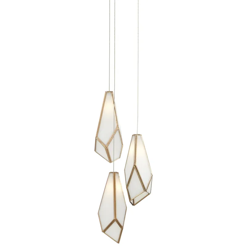 Glace White 3-Light Round Multi-Drop Pendant - White/Antique Brass/Silver