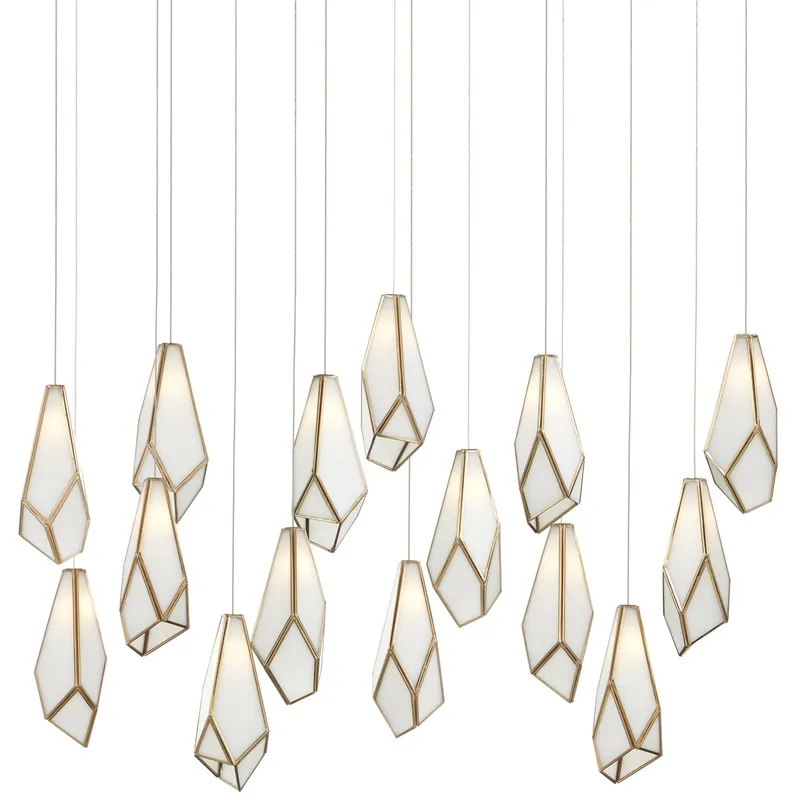 Glace White 15-Light Rectangular Multi-Drop Pendant - White/Antique Brass/Silver