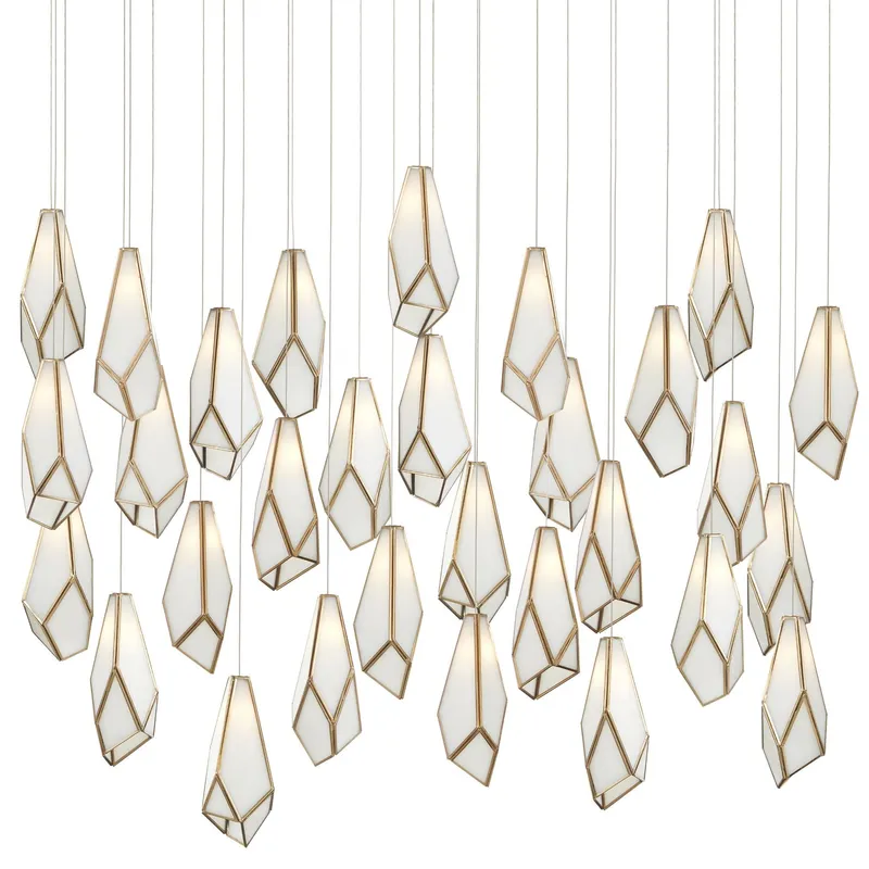 Glace White 30-Light Rectangular Multi-Drop Pendant - White/Antique Brass/Silver