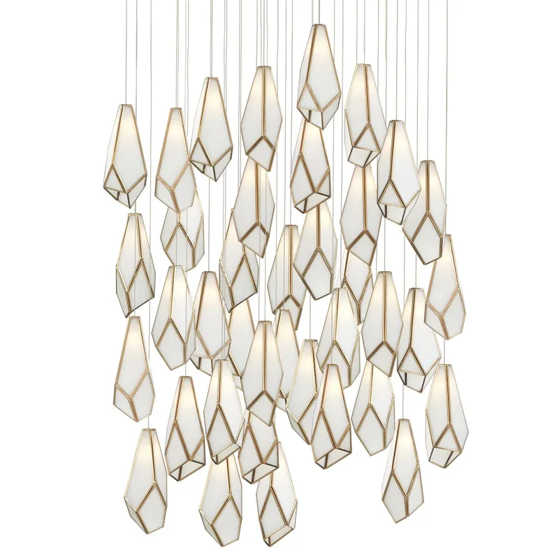 Glace White 36-Light Round Multi-Drop Pendant - White/Antique Brass/Silver