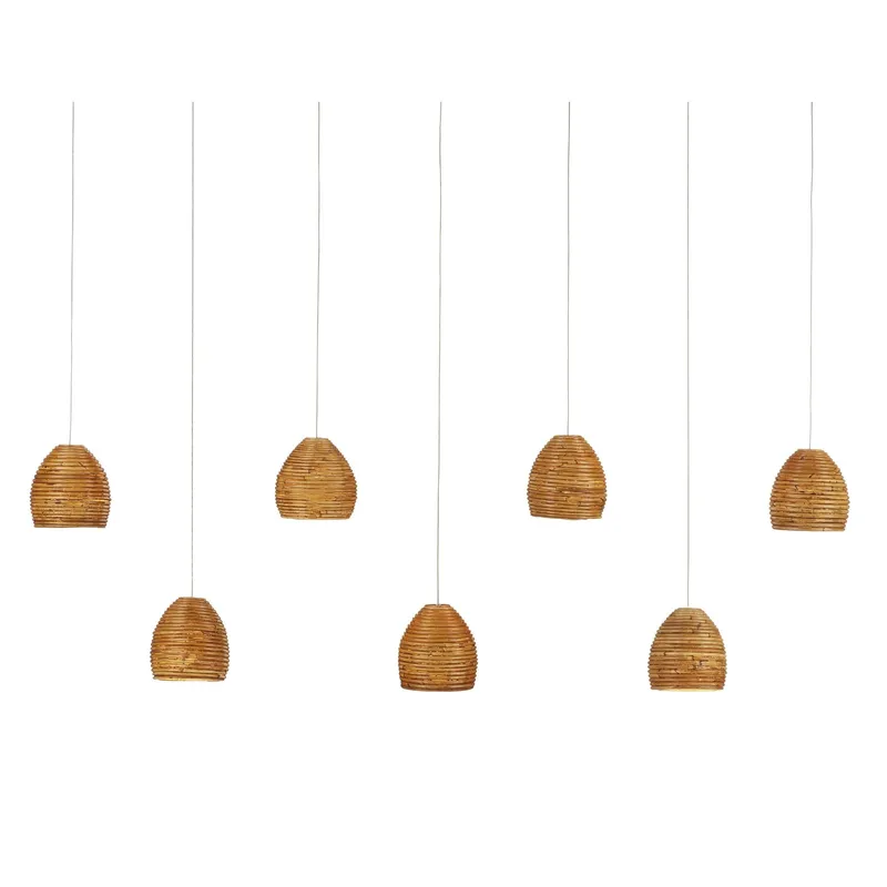 Beehive 7-Light Rectangular Multi-Drop Pendant - Natural Rattan/Silver