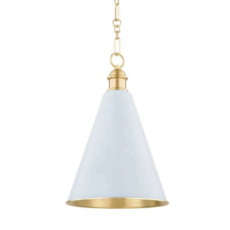 Fenimore 1-Light Pendant in Aged Brass by Ariel Okin 12.5W x 19.25H (Soft Arctic Blue)