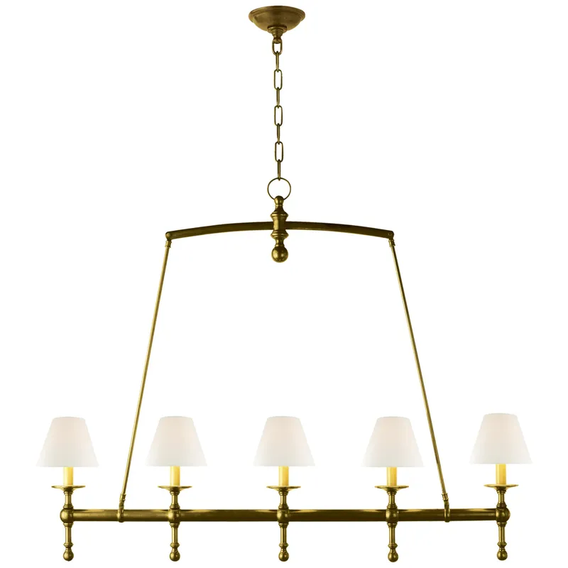 Chapman & Myers Classic Linear Chandelier in Hand-Rubbed Antique Brass with Linen Shades Ceiling Light W48.25" x H37.5"