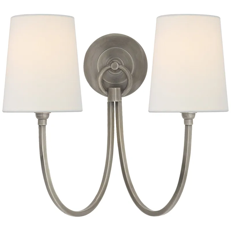 Thomas O'Brien Reed Double Sconce in Antique Nickel with Linen Shades Wall Light W15" x H13"