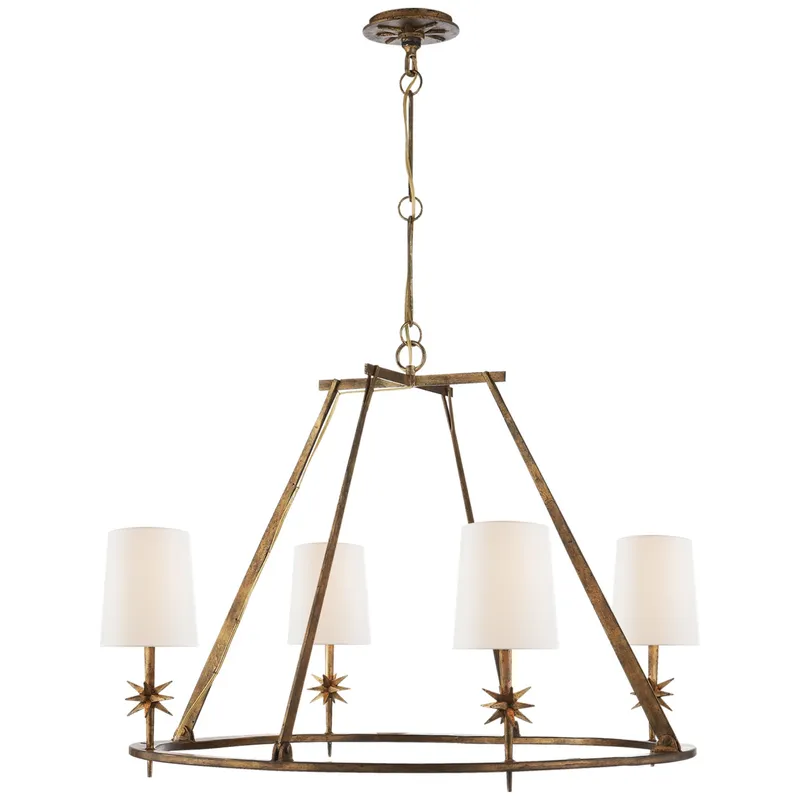 Ian K. Fowler Etoile Round Chandelier in Gilded Iron with Linen Shades Ceiling Light W35.5"