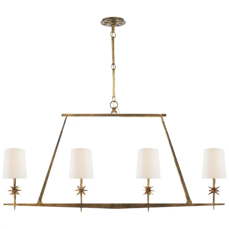 Ian K. Fowler Etoile Linear Chandelier in Gilded Iron with Linen Shades Ceiling Light W48"