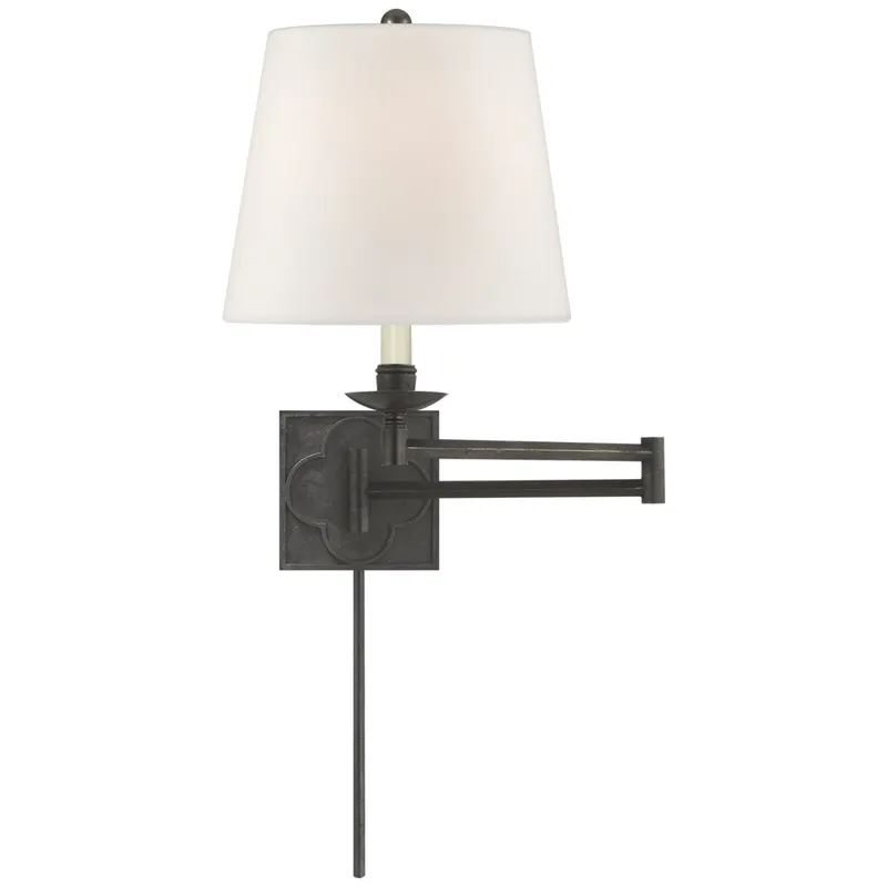 Suzanne Kasler Griffith Swing Arm in Aged Iron with Linen Shade Wall Light W10" x H16"
