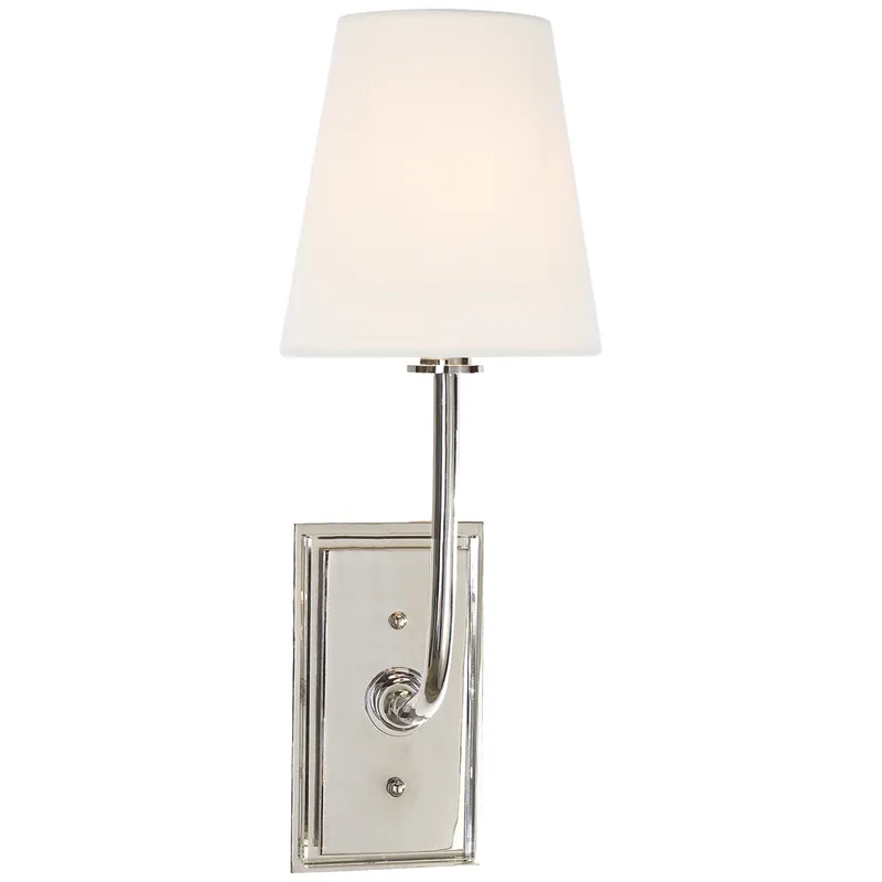 Thomas O'Brien Hulton Sconce in Polished Nickel with Crystal Backplate with Linen Shade Wall Light W6" x H17"