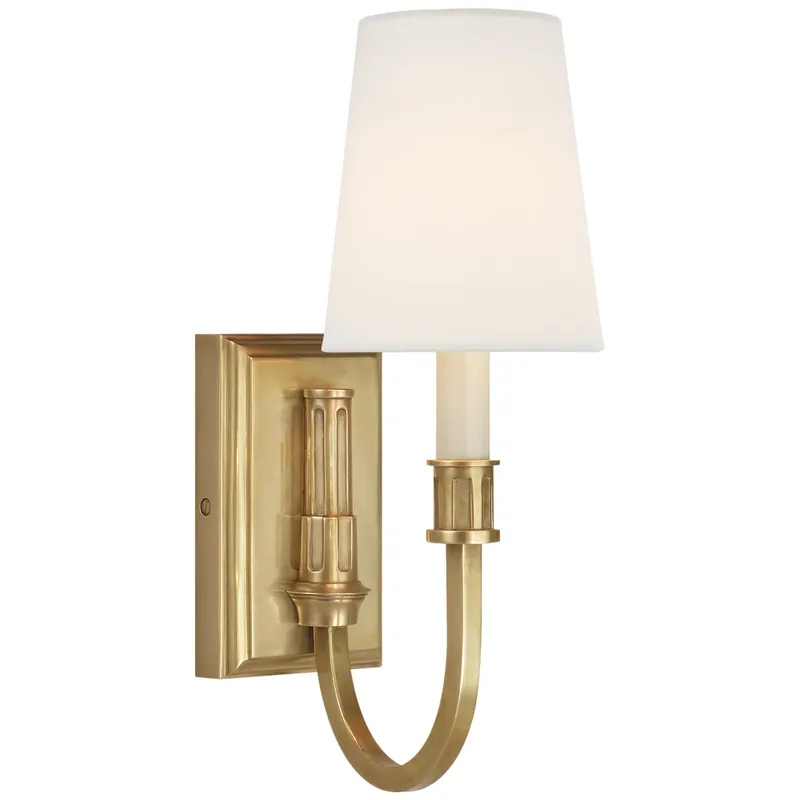 Thomas O'Brien Modern Library Sconce in Hand-Rubbed Antique Brass with Linen Shade Wall Light W5" x H14.25"